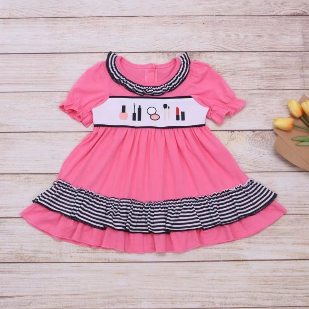 Boutique Make Up Embroidered Girls Pink Short Sleeve Dress